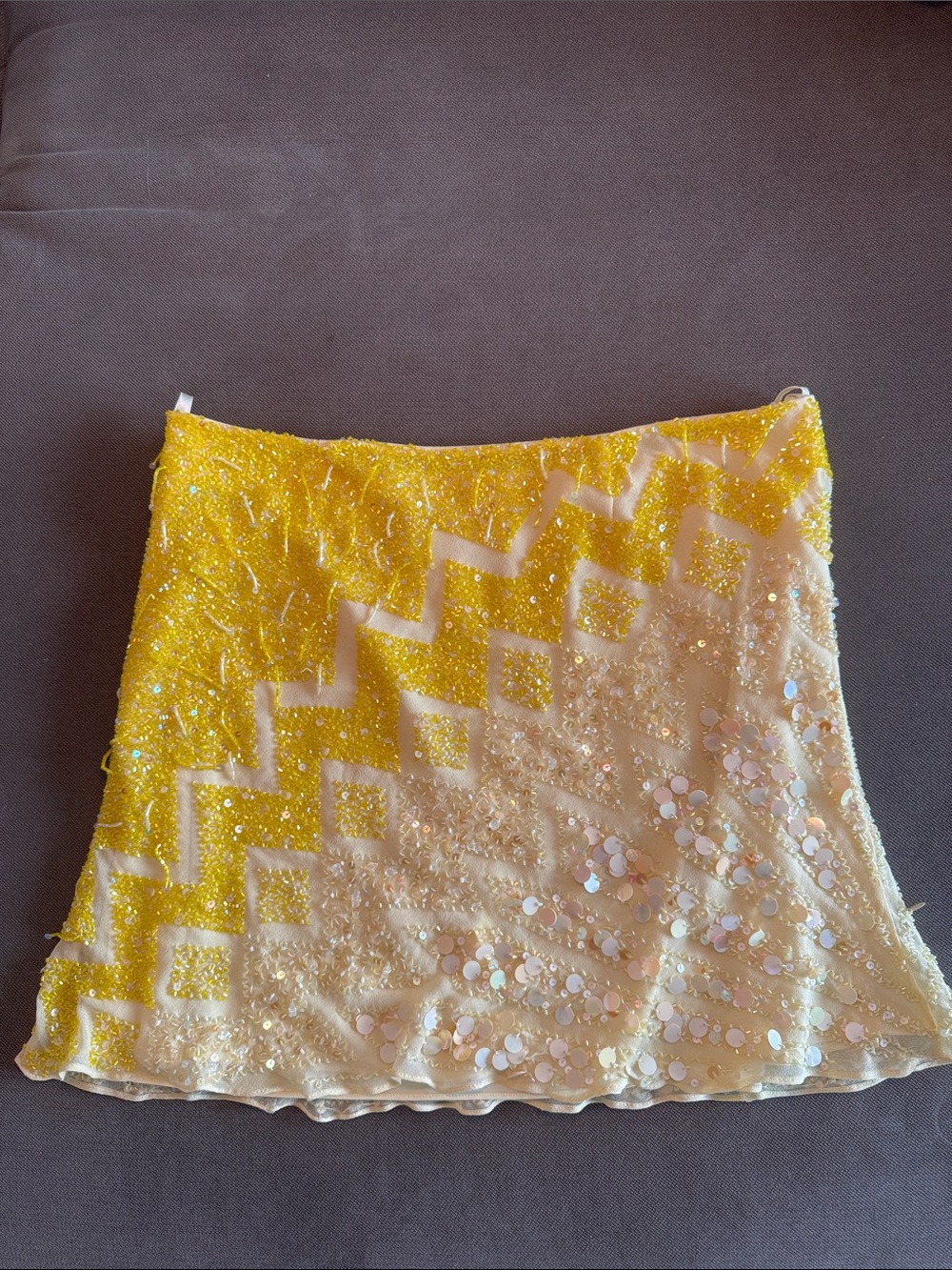100% silk Yellow & Cream Sequin Mini Skirt with Geometric Embellishment